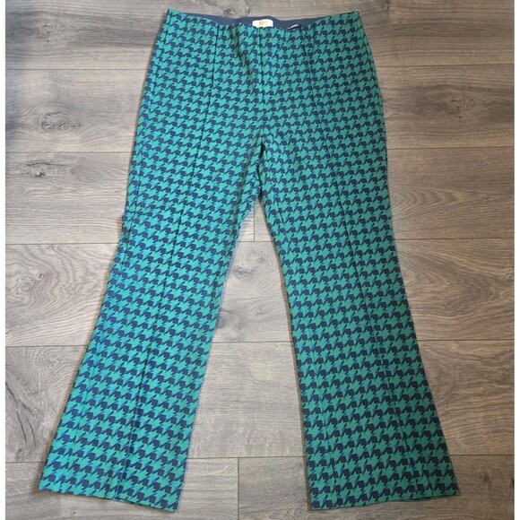 Maeve by Anthropologie “The Margot” Flared Pants Green & Blue Houndstooth Large - Picture 1 of 11